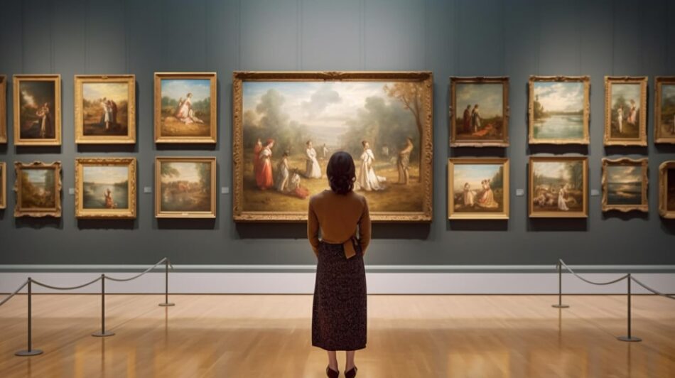 Visitante en una galería de arte observando detalladamente varias pinturas, aplicando los principios de cómo analizar una obra de arte para comprender su significado y contexto.