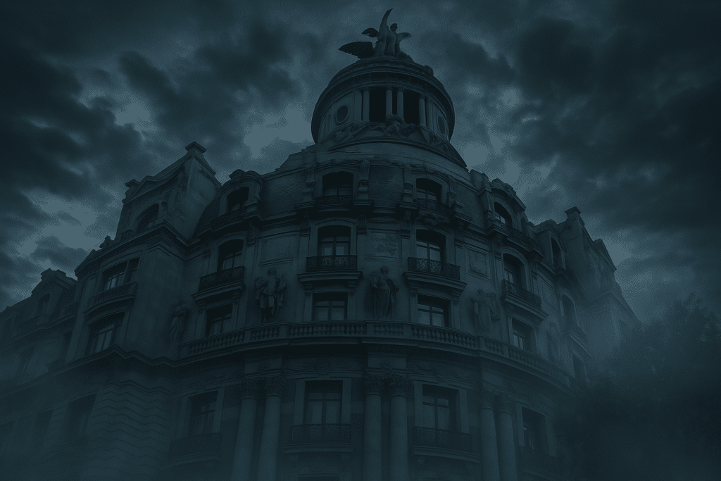 Fachada de un edificio histórico de Madrid bajo un cielo nublado y oscuro, con ambiente tenebroso y neblina espesa, evocando las leyendas y misterios de la ciudad