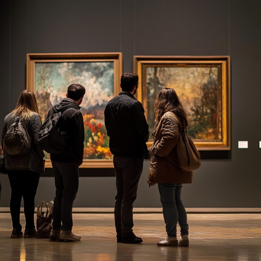 Visitantes observando una pintura de paisaje en la galería del Museo Nacional Thyssen-Bornemisza en Madrid.
