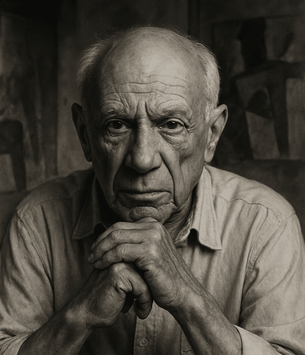 Retrato en blanco y negro de un hombre mayor inspirado en Picasso, en actitud reflexiva, representando el contexto de la obra 'Picasso Mujer en Azul'.