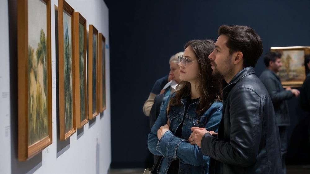 : "Visitantes observando una exposición de arte en el Museo Nacional Thyssen-Bornemisza en Madrid, apreciando pinturas en las paredes.
