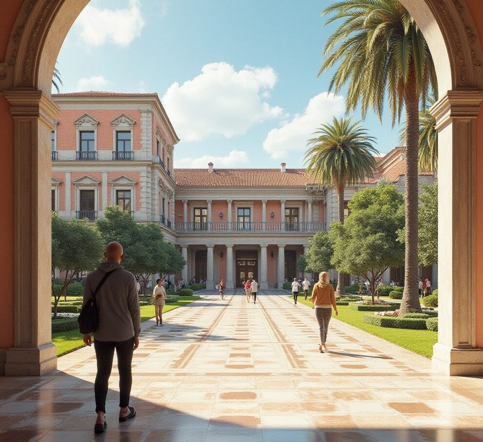 Vista del Museo Nacional Thyssen-Bornemisza en Madrid, mostrando su arquitectura clásica, jardines bien cuidados y visitantes disfrutando de la exposición.