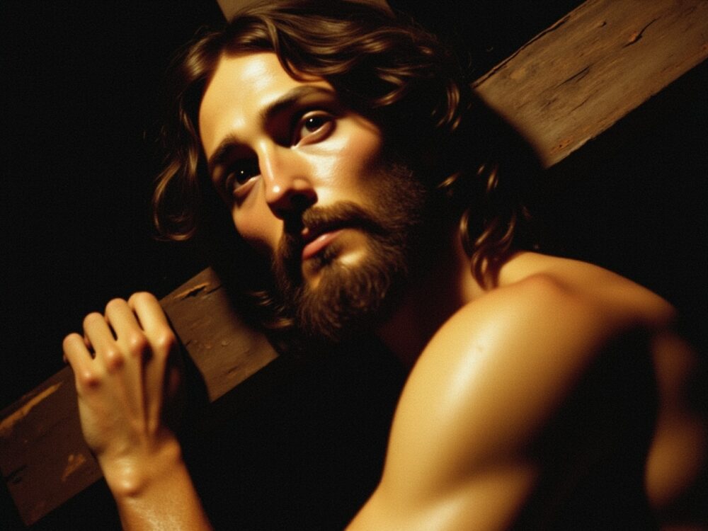 Representación artística de Cristo con la cruz a cuestas, mostrando expresión de sufrimiento y espiritualidad intensa.