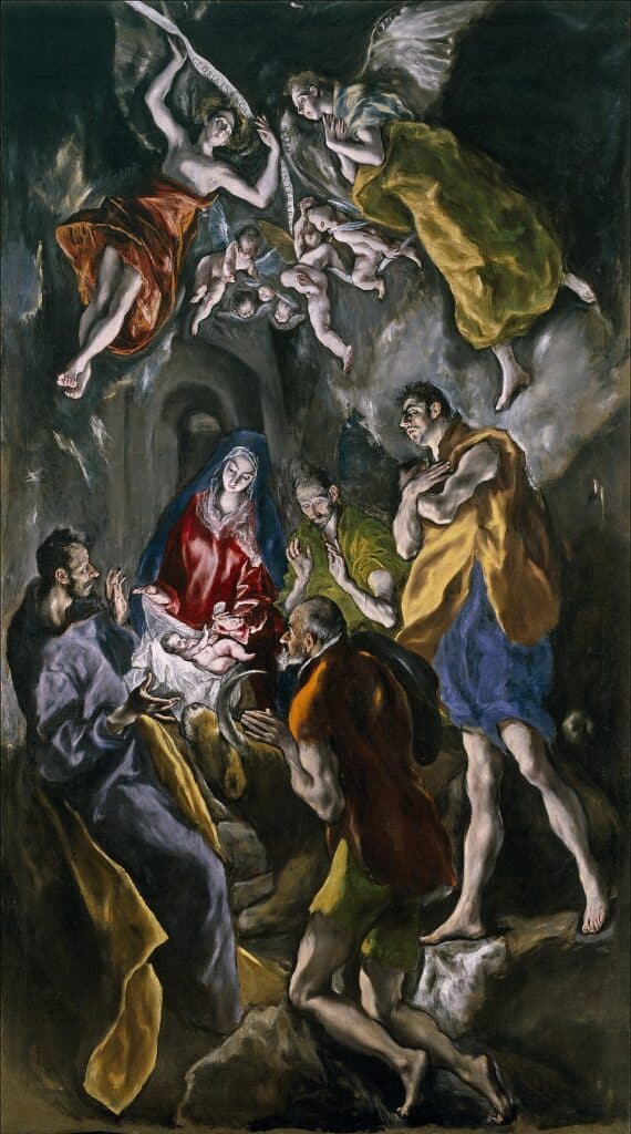 La adoración de los pastores, pintura de El Greco, con la Virgen María, el Niño Jesús y varios pastores arrodillados, mientras ángeles observan desde el cielo en una escena mística y dramática.