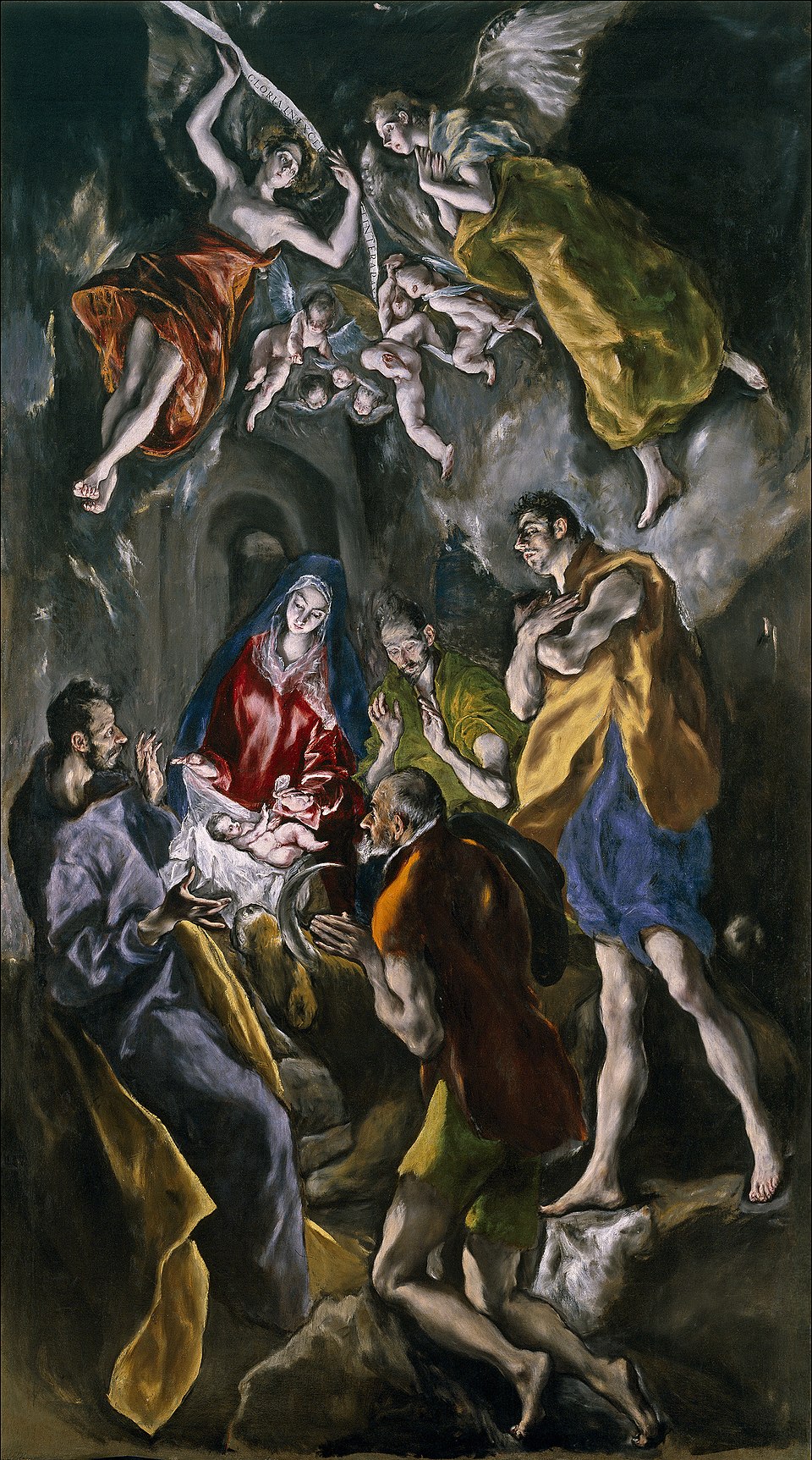La adoración de los pastores, pintura de El Greco, con la Virgen María, el Niño Jesús y varios pastores arrodillados, mientras ángeles observan desde el cielo en una escena mística y dramática.