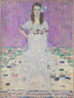Retrato de niña con fondo floral de Gustav Klimt, ejemplo destacado de pintura en el modernismo